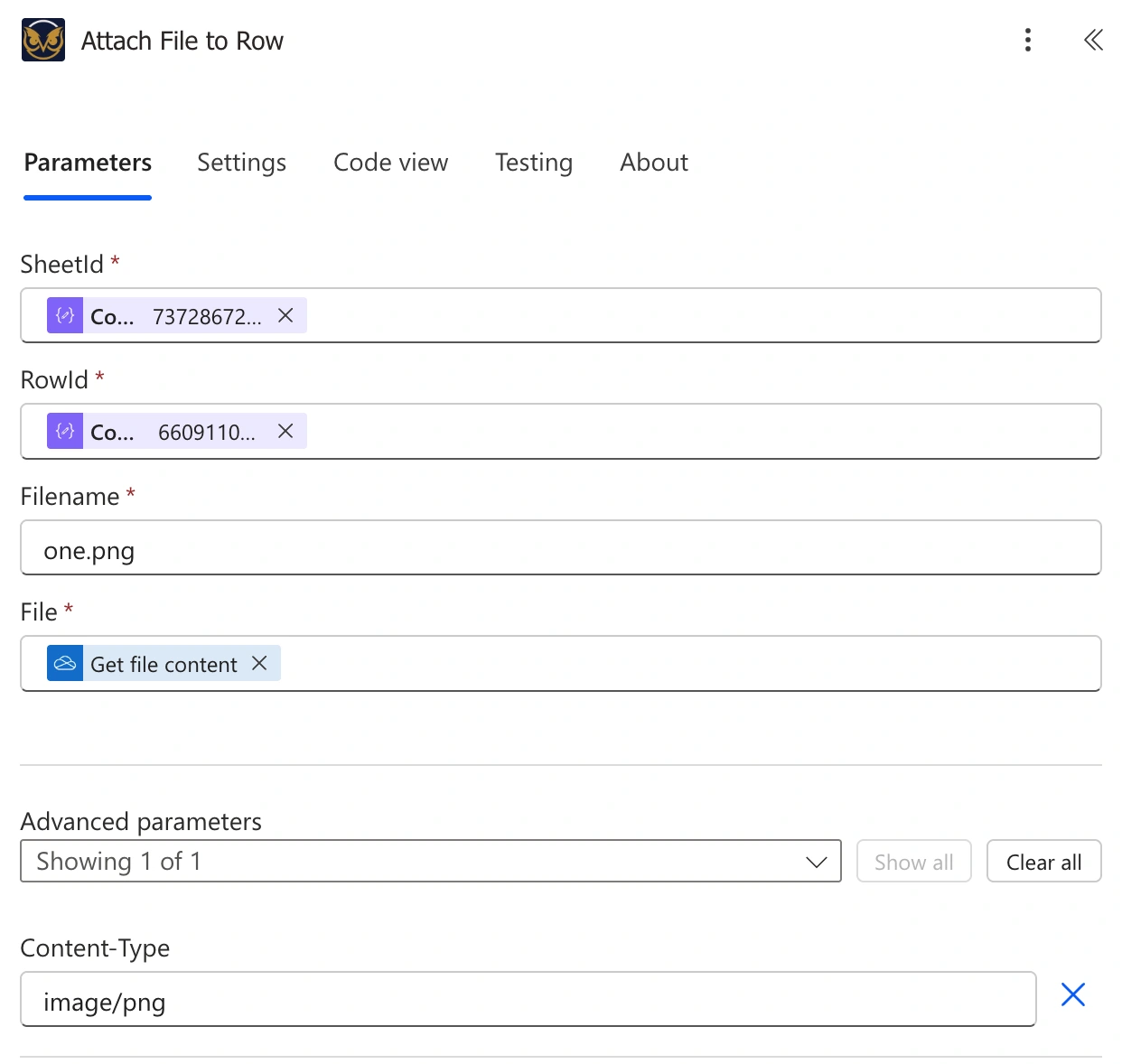 Attach File to Row action with SheetId, RowId, Filename, and File fields filled out, and Content-Type shown under Advanced parameters