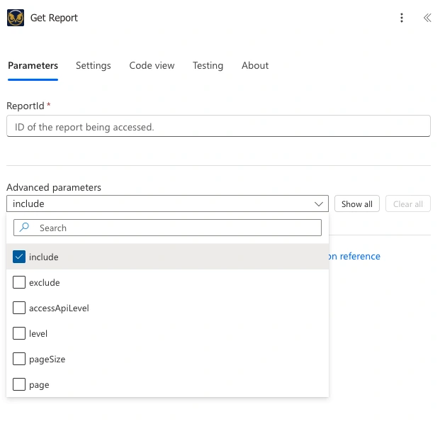 Advanced parameters picker showing checkboxes for include, exclude, accessApiLevel, level, pageSize, and page