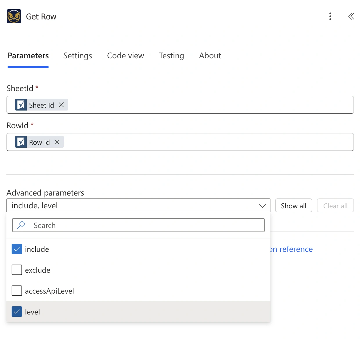 Advanced parameters picker for Get Row showing checkboxes for include, exclude, accessApiLevel, and level