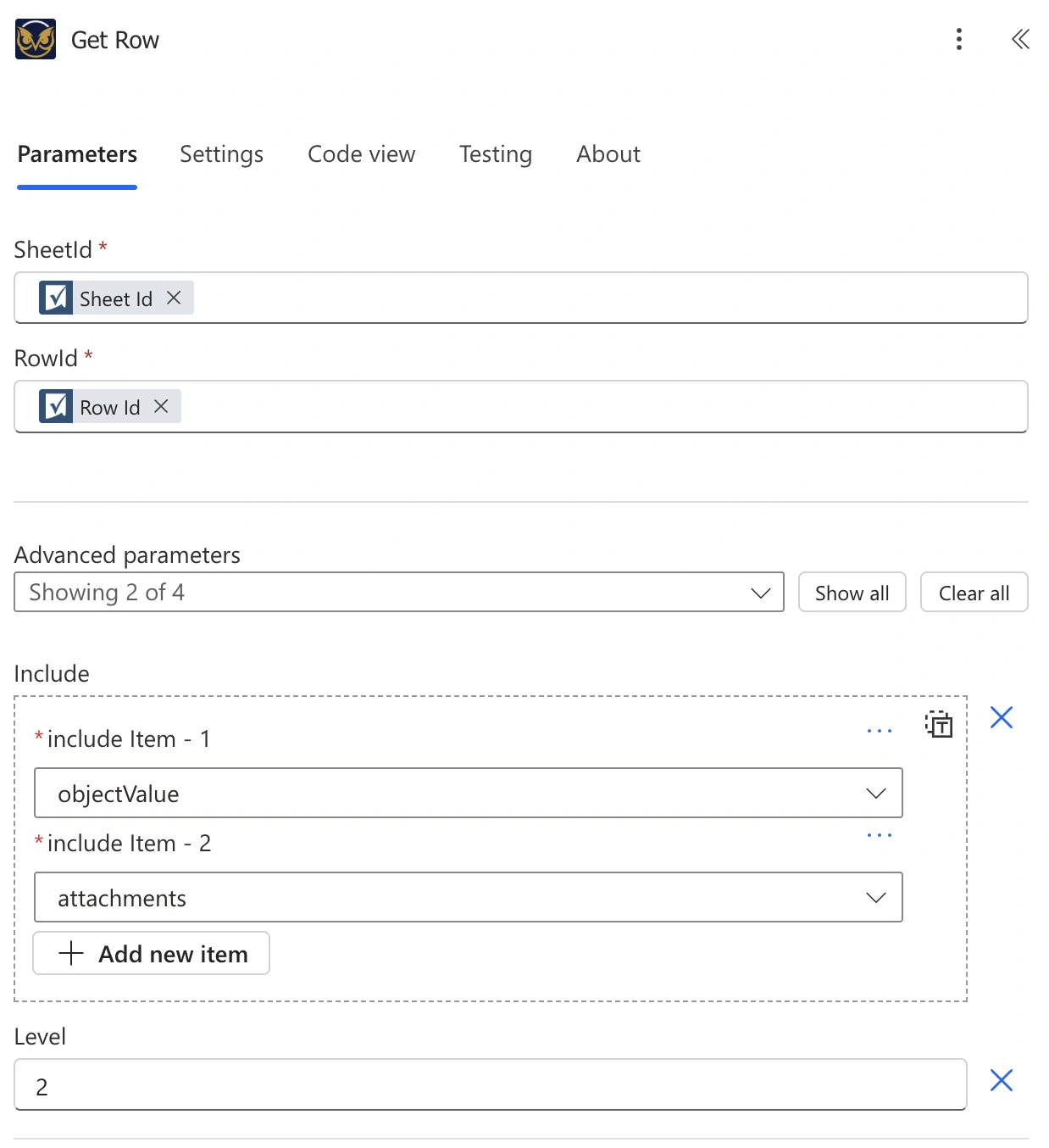 objectValue and attachments selected in Include, with Level set to 2