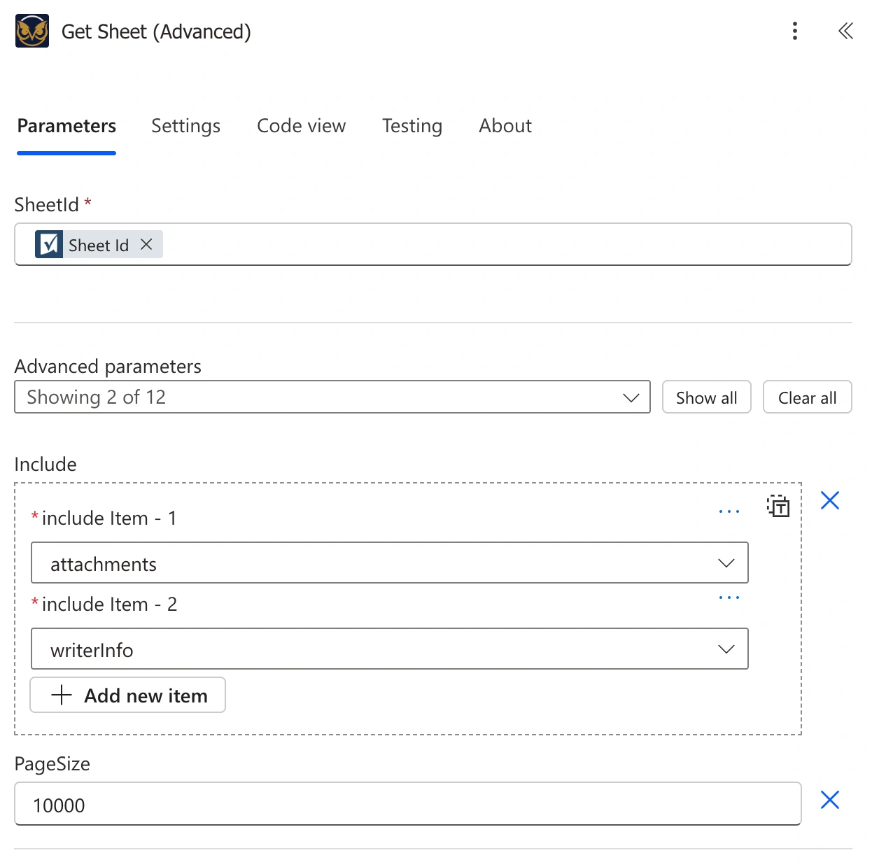 Include parameter with attachments and writerInfo both selected, alongside pageSize set to 10000