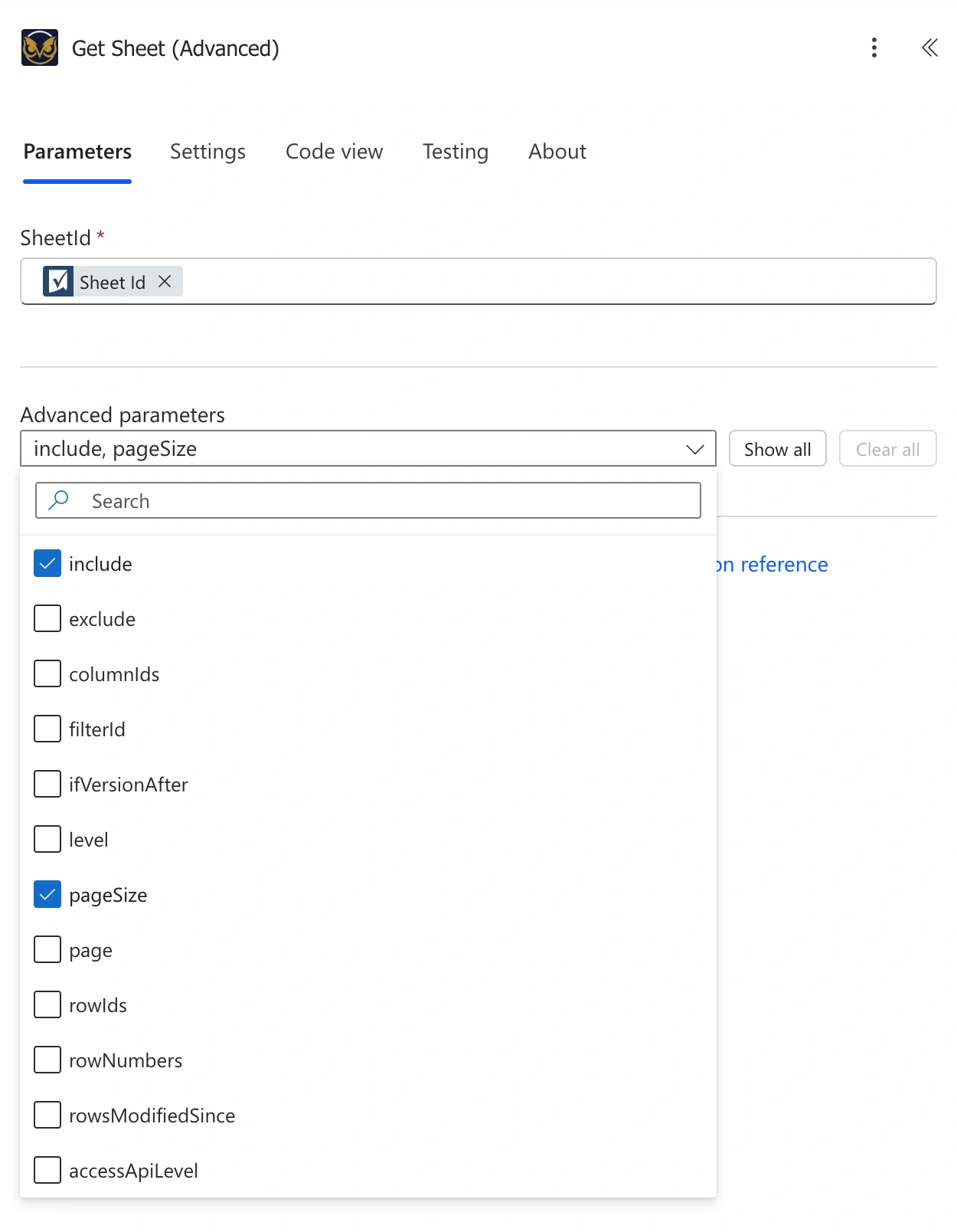 Advanced parameters picker for Get Sheet (Advanced) showing checkboxes for include, pageSize, and other optional parameters