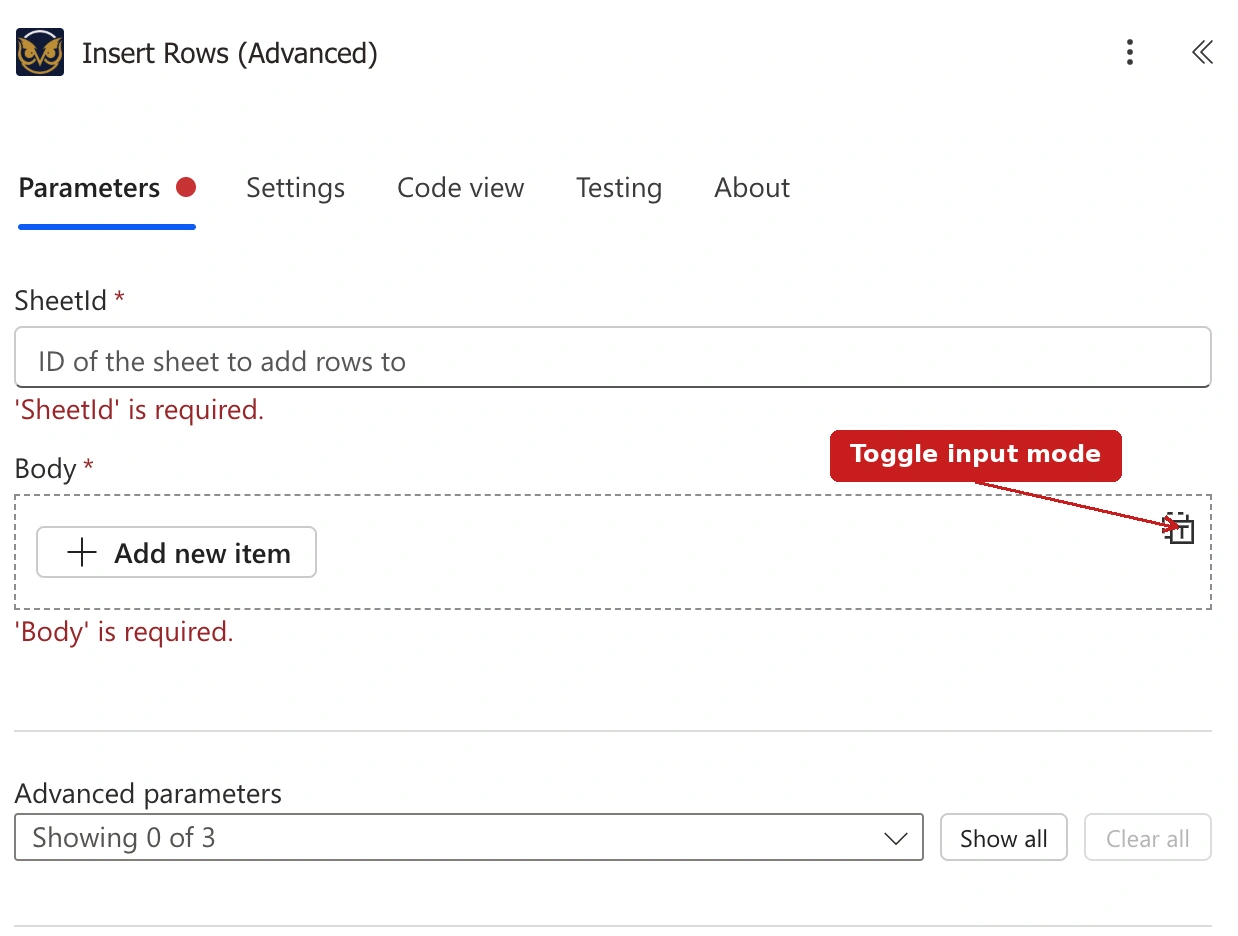 Body field in detail-inputs mode with the toggle icon in the top-right corner highlighted