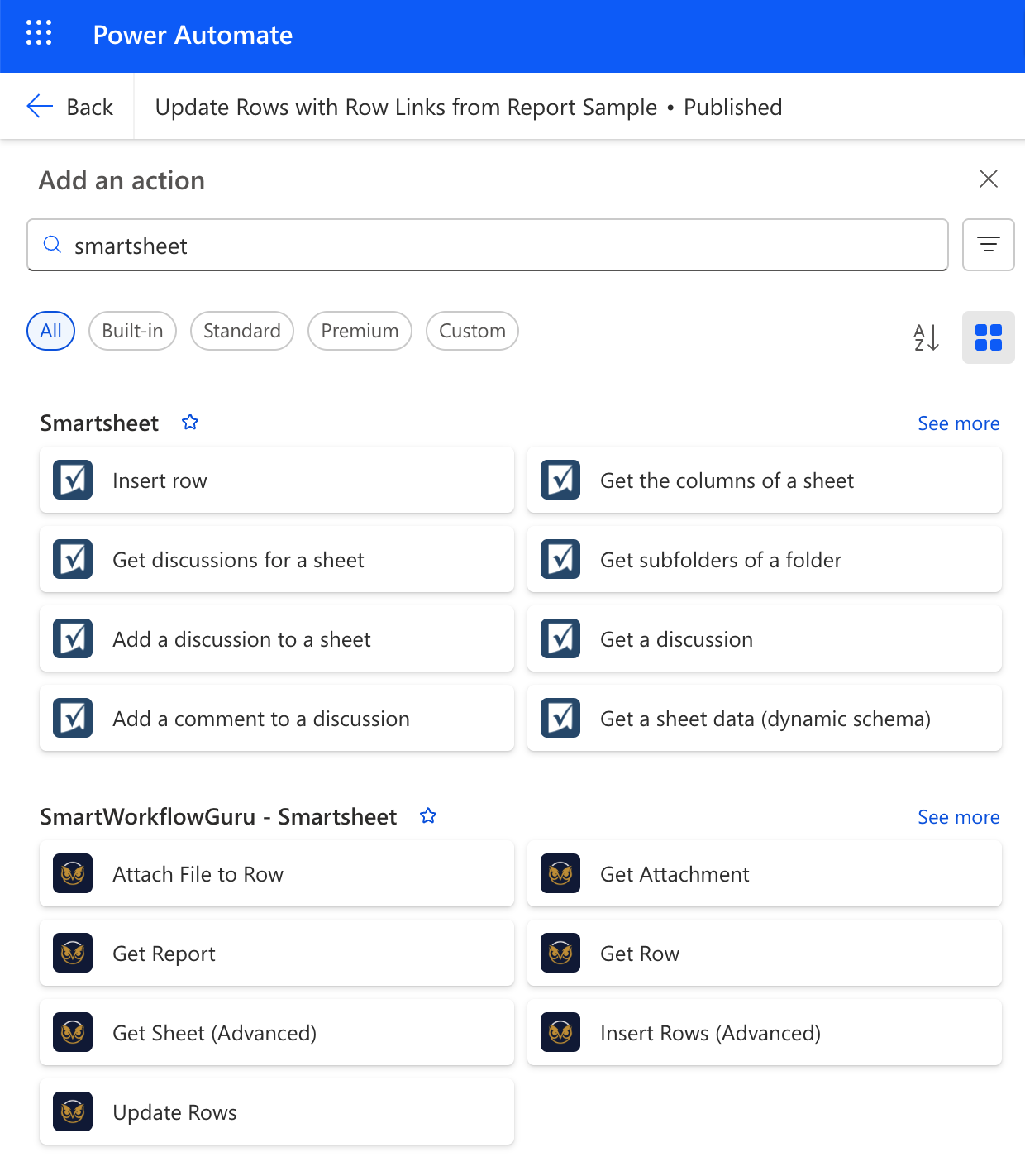 Power Automate action picker showing the SmartWorkflowGuru - Smartsheet connector's seven actions listed next to Smartsheet's native connector actions