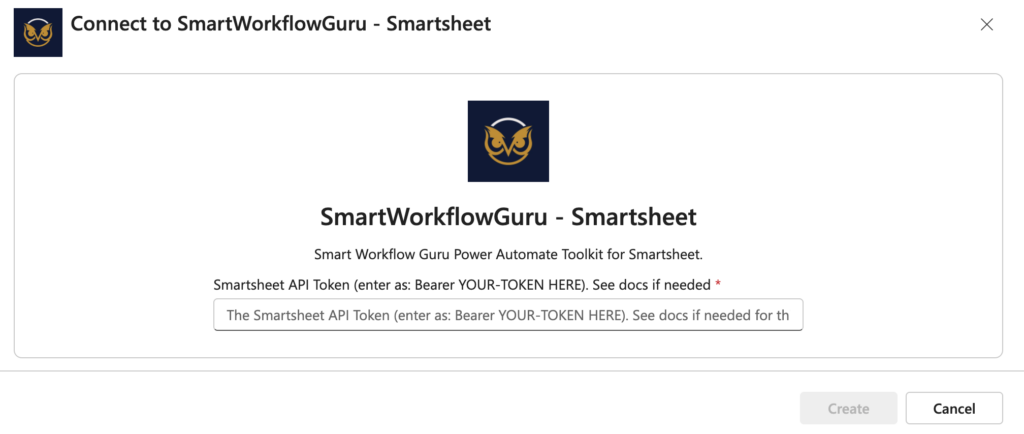 Power Automate connection setup screen for the SmartWorkflowGuru Smartsheet connector, showing a single API token field